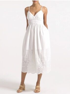 J. Crew Cotton White Eyelet Midi Dress with Smocked Waist size 14